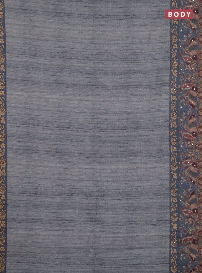 Linen cotton saree grey shade with plain body and printed mirror work border