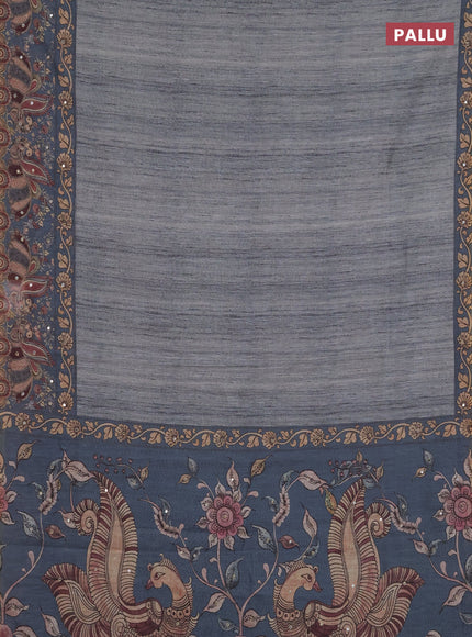 Linen cotton saree grey shade with plain body and printed mirror work border