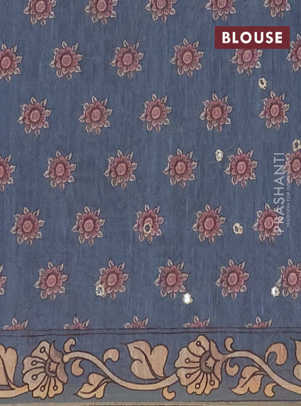 Linen cotton saree grey shade with plain body and printed mirror work border