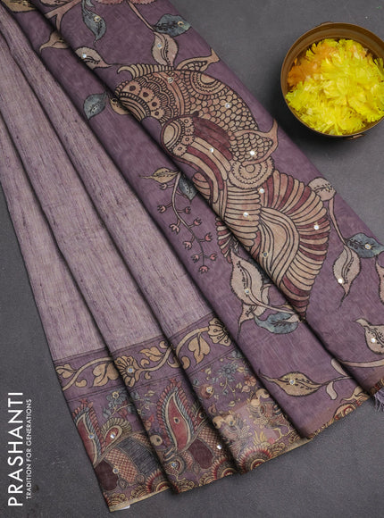 Linen cotton saree pastel purple with plain body and printed mirror work border