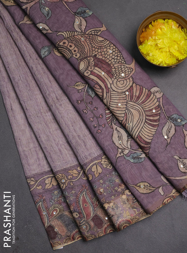 Linen cotton saree pastel purple with plain body and printed mirror work border