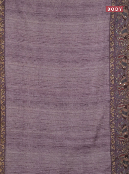 Linen cotton saree pastel purple with plain body and printed mirror work border