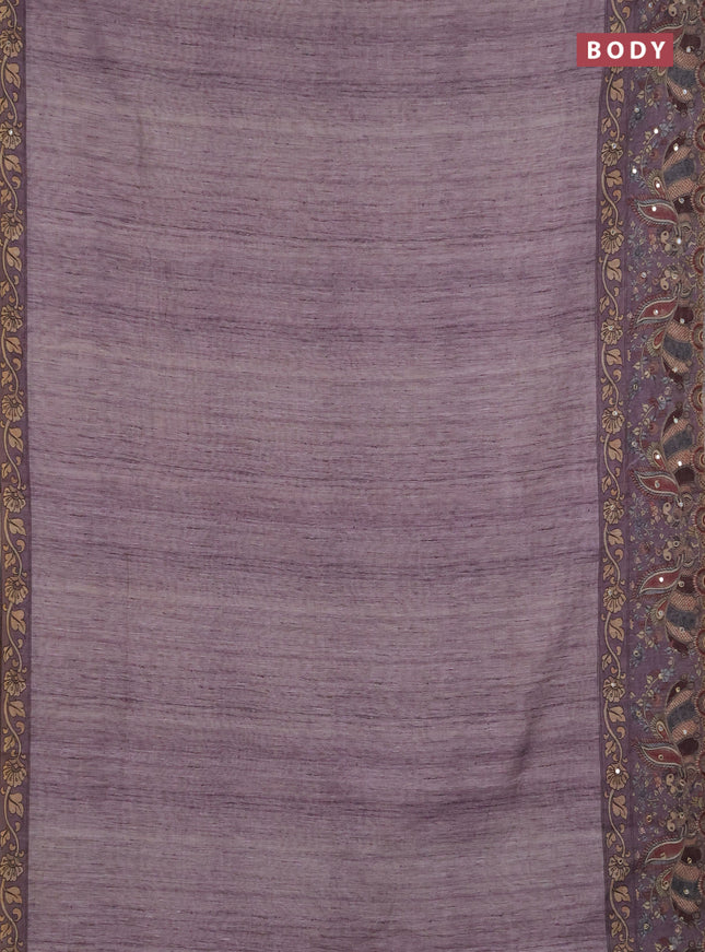 Linen cotton saree pastel purple with plain body and printed mirror work border