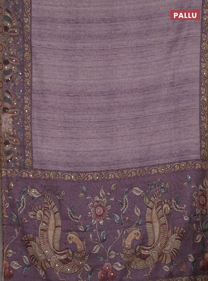 Linen cotton saree pastel purple with plain body and printed mirror work border
