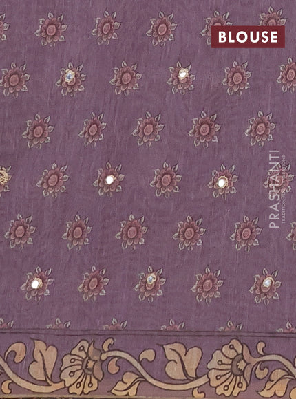 Linen cotton saree pastel purple with plain body and printed mirror work border