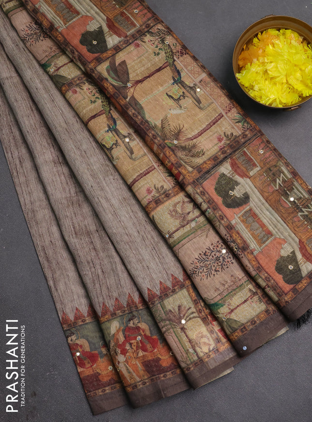 Linen cotton saree chikku shade with plain body and printed mirror work border