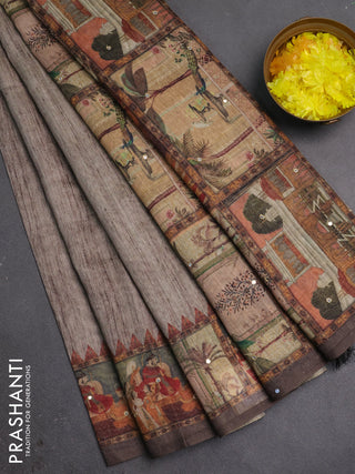 Linen cotton saree chikku shade with plain body and printed mirror work border