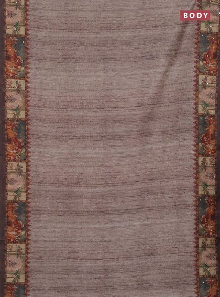 Linen cotton saree chikku shade with plain body and printed mirror work border