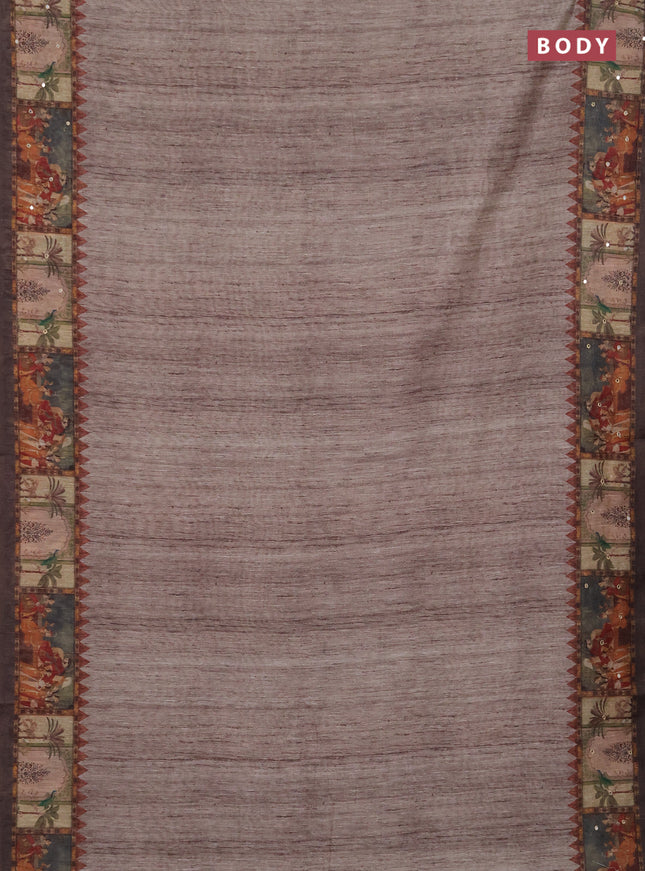 Linen cotton saree chikku shade with plain body and printed mirror work border