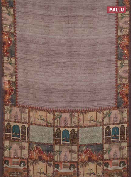 Linen cotton saree chikku shade with plain body and printed mirror work border