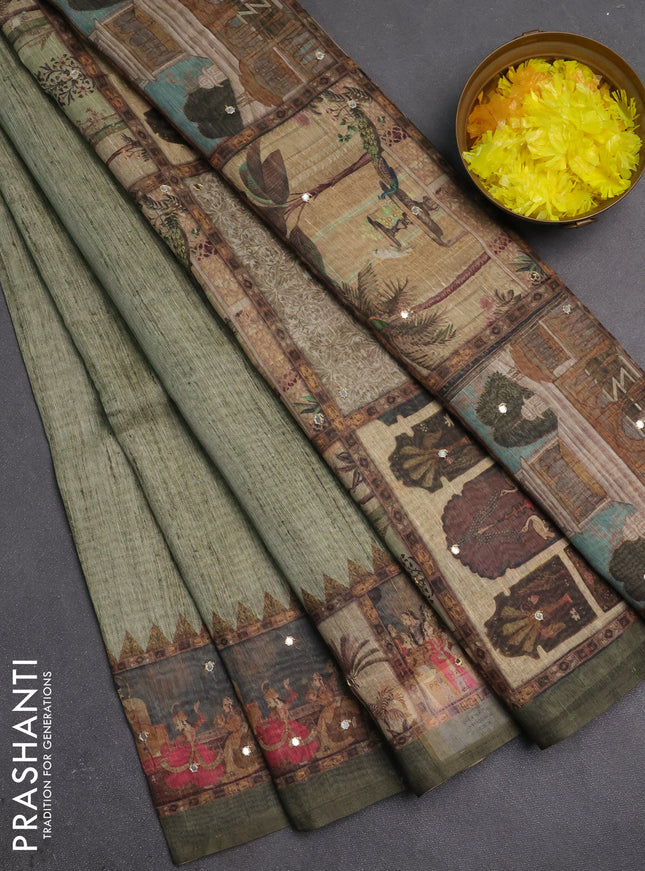 Linen cotton saree green shade and green with plain body and printed mirror work border