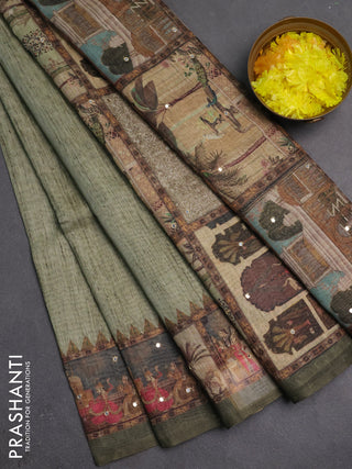 Linen cotton saree green shade and green with plain body and printed mirror work border