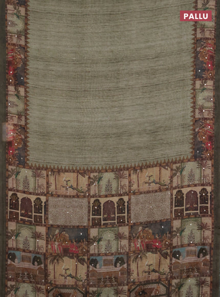 Linen cotton saree green shade and green with plain body and printed mirror work border