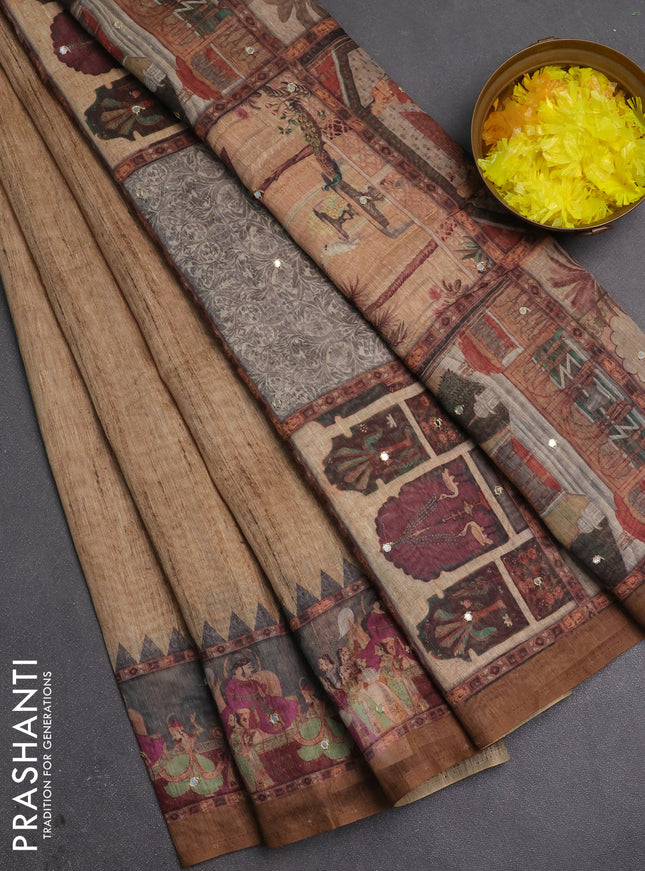 Linen cotton saree sandal and dark sandal with plain body and printed mirror work border