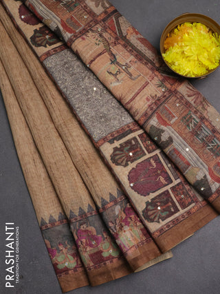 Linen cotton saree sandal and dark sandal with plain body and printed mirror work border