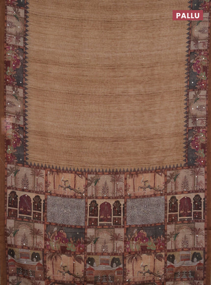 Linen cotton saree sandal and dark sandal with plain body and printed mirror work border