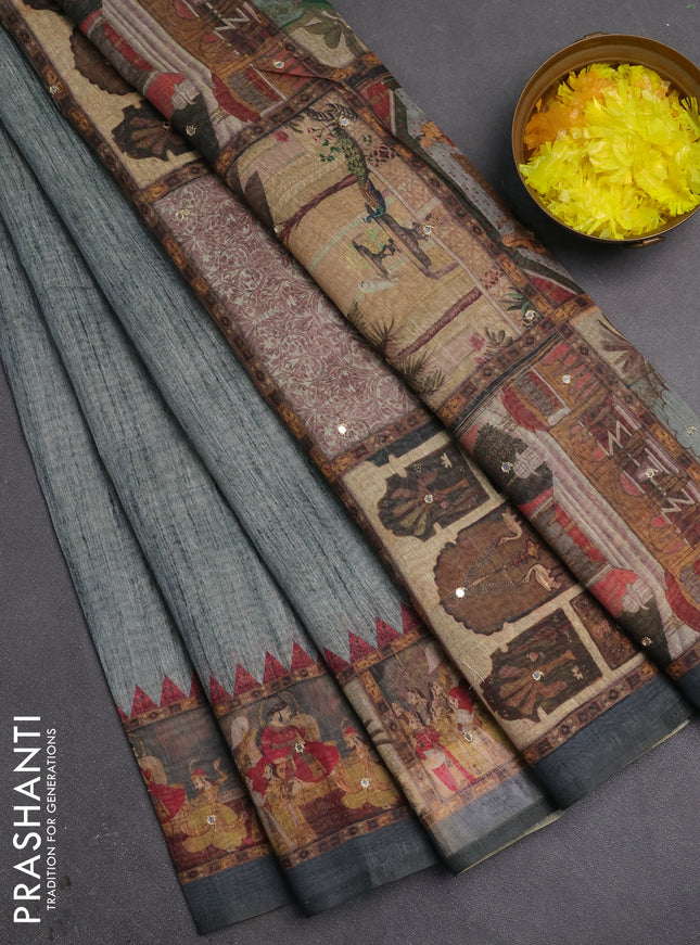 Linen cotton saree grey shade and grey with plain body and printed mirror work border