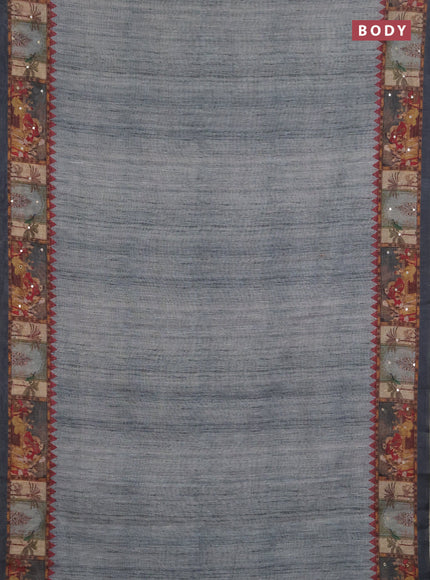 Linen cotton saree grey shade and grey with plain body and printed mirror work border