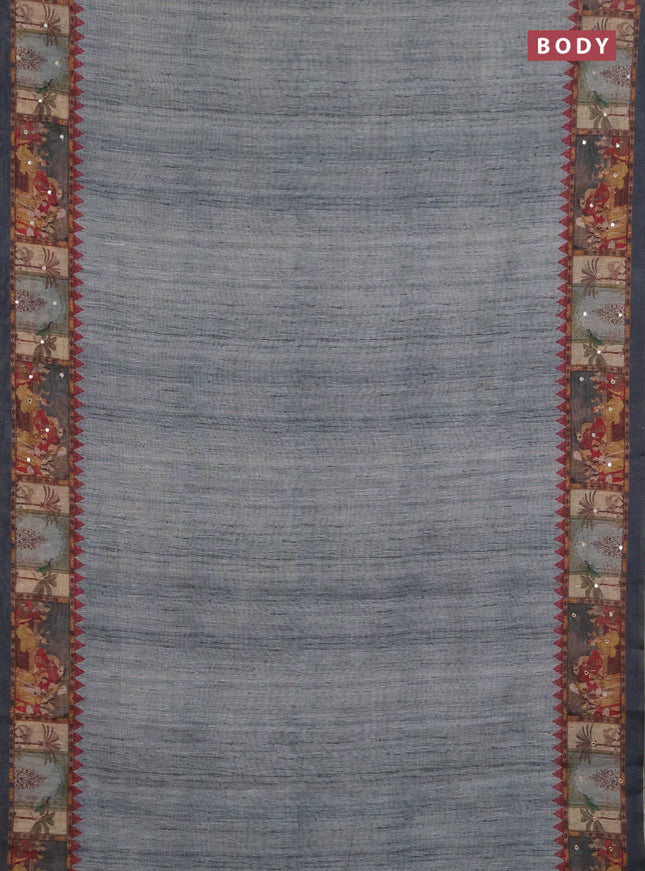 Linen cotton saree grey shade and grey with plain body and printed mirror work border