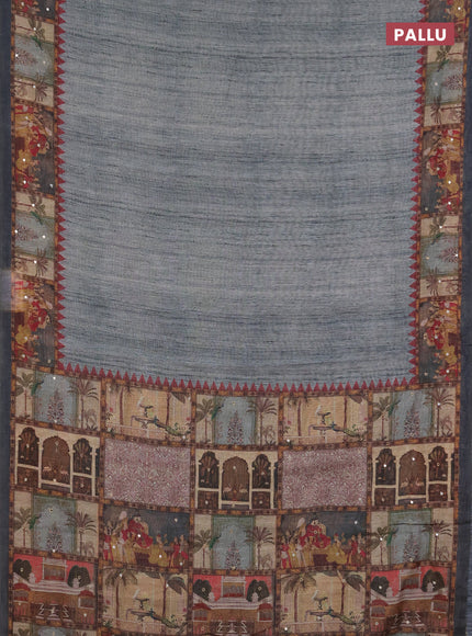 Linen cotton saree grey shade and grey with plain body and printed mirror work border