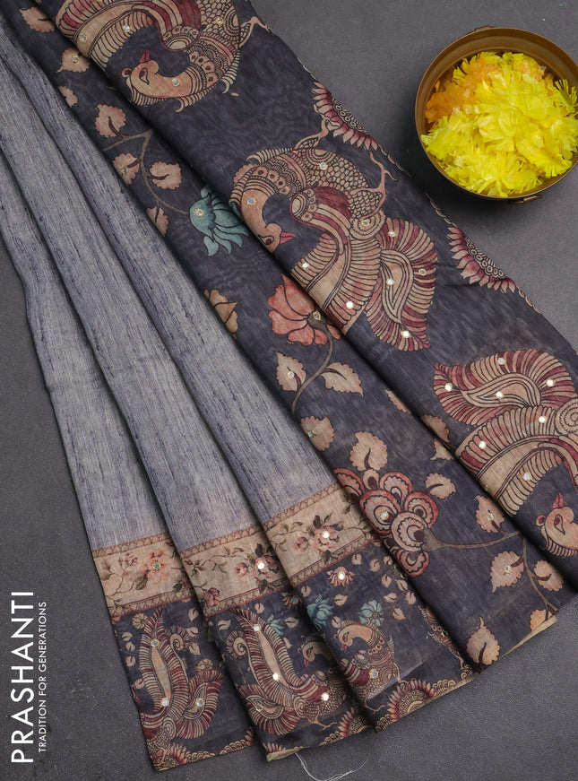 Linen cotton saree grey and dark grey with plain body and printed mirror work border