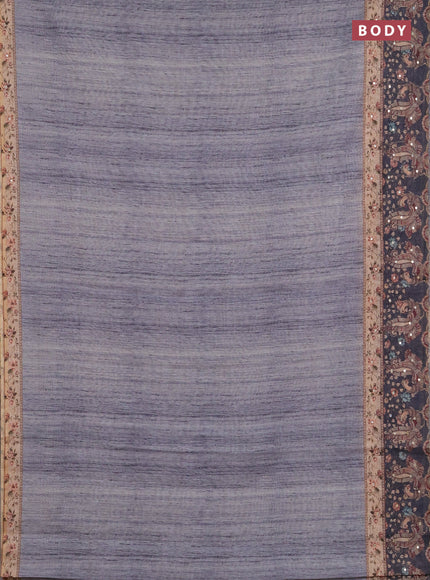 Linen cotton saree grey and dark grey with plain body and printed mirror work border