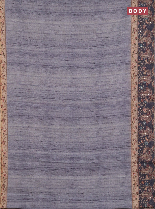 Linen cotton saree grey and dark grey with plain body and printed mirror work border