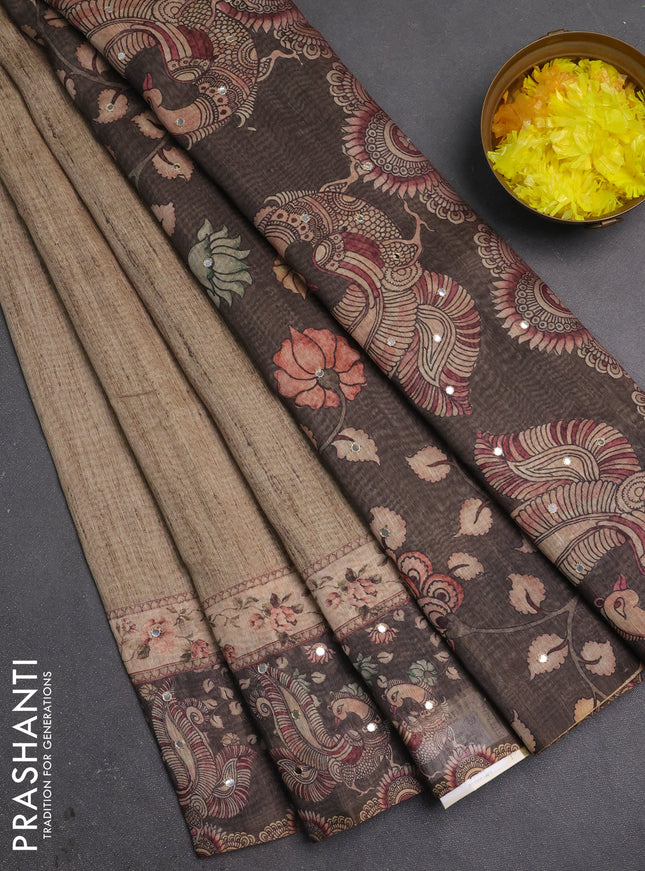 Linen cotton saree pastel green and bottle green with plain body and printed mirror work border