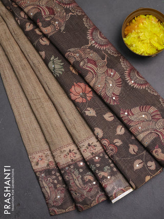 Linen cotton saree pastel green and bottle green with plain body and printed mirror work border