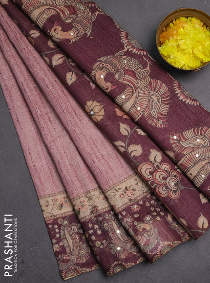 Linen cotton saree pastel pink and wine shade with plain body and printed mirror work border