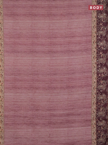Linen cotton saree pastel pink and wine shade with plain body and printed mirror work border