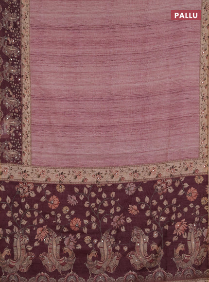 Linen cotton saree pastel pink and wine shade with plain body and printed mirror work border