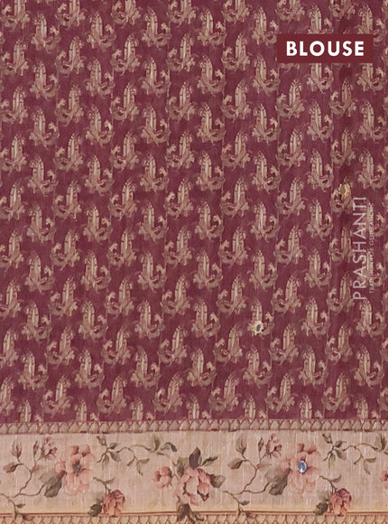 Linen cotton saree pastel pink and wine shade with plain body and printed mirror work border