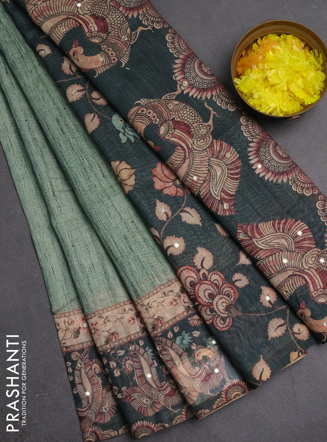 Linen cotton saree green with plain body and printed mirror work border