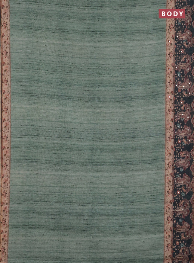 Linen cotton saree green with plain body and printed mirror work border