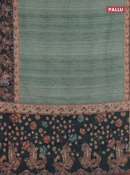 Linen cotton saree green with plain body and printed mirror work border