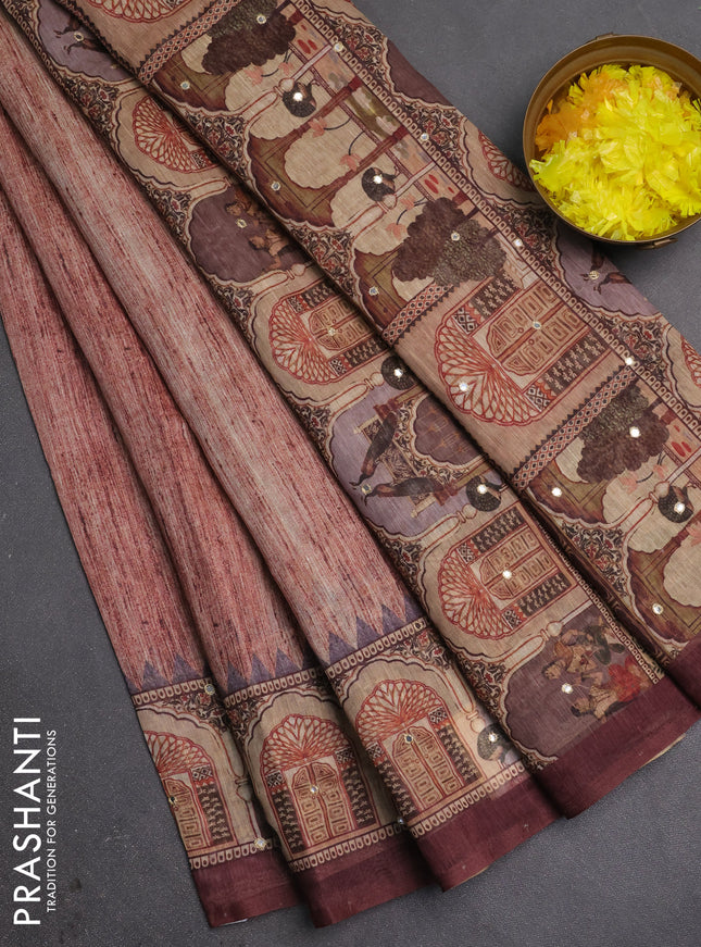 Linen cotton saree pastel maroon and wine shade with plain body and printed mirror work border
