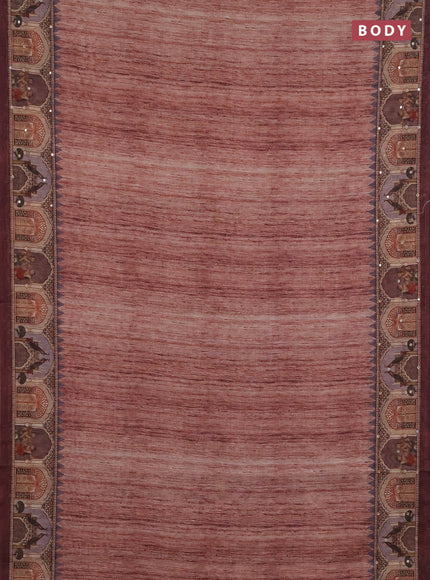 Linen cotton saree pastel maroon and wine shade with plain body and printed mirror work border