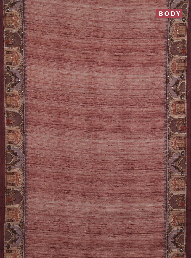 Linen cotton saree pastel maroon and wine shade with plain body and printed mirror work border