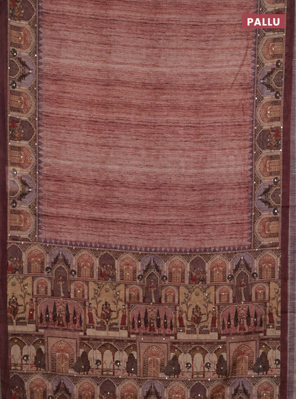 Linen cotton saree pastel maroon and wine shade with plain body and printed mirror work border