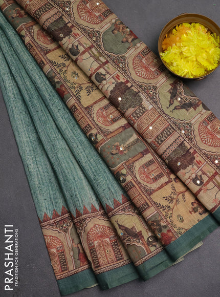 Linen cotton saree green with plain body and printed mirror work border