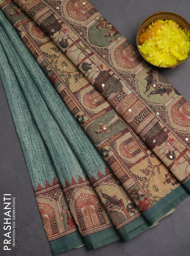 Linen cotton saree green with plain body and printed mirror work border