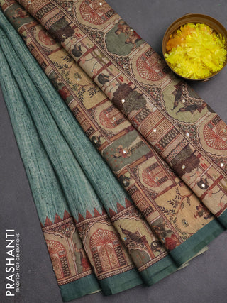 Linen cotton saree green with plain body and printed mirror work border