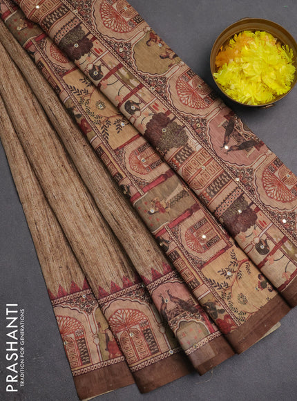 Linen cotton saree sandal and dark sandal with plain body and printed mirror work border