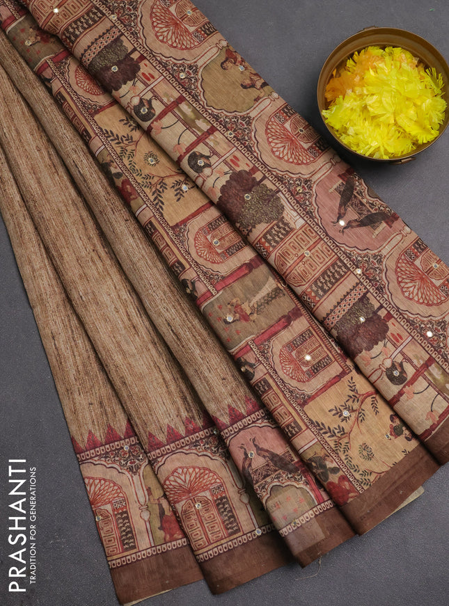 Linen cotton saree sandal and dark sandal with plain body and printed mirror work border