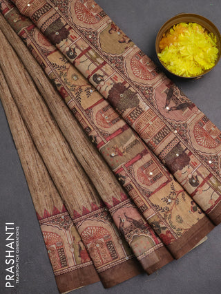 Linen cotton saree sandal and dark sandal with plain body and printed mirror work border