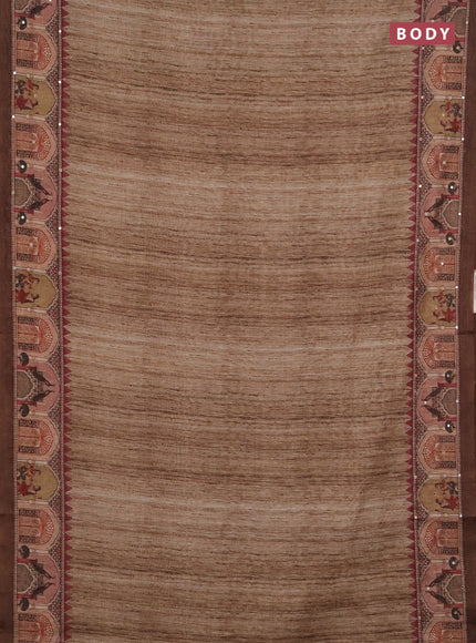 Linen cotton saree sandal and dark sandal with plain body and printed mirror work border
