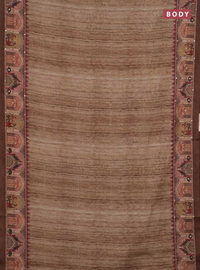 Linen cotton saree sandal and dark sandal with plain body and printed mirror work border