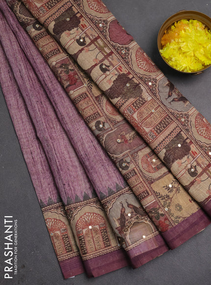 Linen cotton saree wine shade with plain body and printed mirror work border