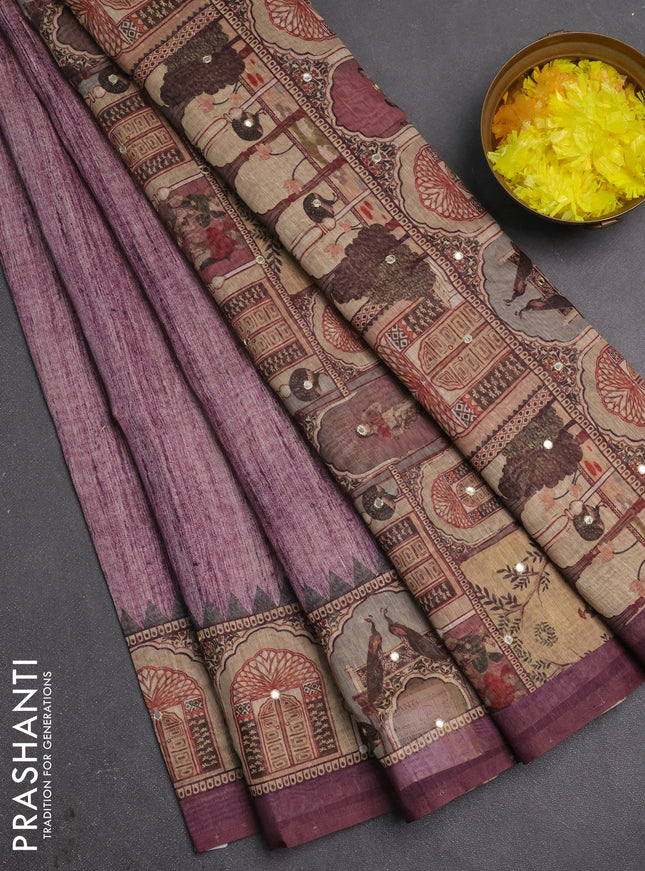 Linen cotton saree wine shade with plain body and printed mirror work border